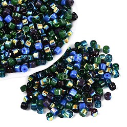 Green FGB Opaque Colours Glass Seed Beads, Rainbow Plated, Round Hole, Barrel, Green, 4x3.5mm, Hole: 0.9~1mm, about 3750pcs/pound