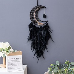 Black Moon with Tree of Life Natural Obsidian Chips Woven Web/Net with Feather Decorations, Home Decoration Ornament Festival Gift, Black, 160mm