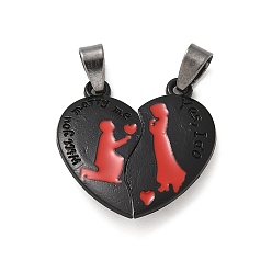 Черный Эмали сплава сплит подвески, сердечный парный шарм с человеком и словом ты выйдешь за меня замуж/да, я согласна, с магнитным, чёрные, 25.5x25.5x5.5 мм, отверстие : 7x4 мм