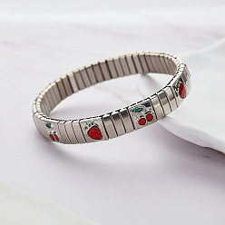 Нержавеющая Сталь Цвет 304 эластичные браслеты из нержавеющей стали с эмалью для женщин, вишня и клубника, цвет нержавеющей стали, внутренний диаметр: 2-1/8 дюйм (5.5 см)