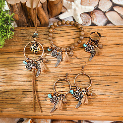 Красная Медь Комплекты украшений из сплава, дерева и синтетической бирюзы, включая ожерелья, браслеты, серьги и кольца-манжеты, Красная медь, 15.75 дюйм (40 см), 2-1/8 дюйм (5.5 см), 87x30 мм, 19 мм