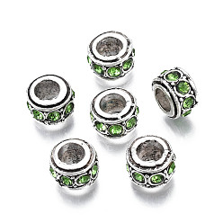 Перидот Европейские бусины, сплав, стразы , августейшие бусины из камня, бусины с большим отверстием, без кадмия и без свинца, подходит для изготовления европейских браслетов, античное серебро, рондель, перидот, 11x6.5 мм, отверстие : 5 мм