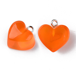 Оранжевый Прозрачные смоляные подвески, с платиновым тоном железная петля, сердце, оранжевые, 16.5x17x9.5 мм, отверстие : 1.8 мм