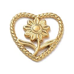 Echt 18 k vergoldet Ionenplattierung (ip) 304 Edelstahl-Cabochons, Herz mit Blume, echt 18 k vergoldet, 21x21x2 mm