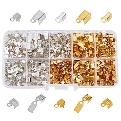 Golden & Silver 640Pcs Iron Folding Crimp Ends, with 300Pcs 2 Color Brass Cup Chain Ends, Golden & Silver, Iron Ends: 9~13x4~5x2~4mm, Hole: 1~2mm, Brass Ends: 3.5x3.5mm, Hole: 4.5mm