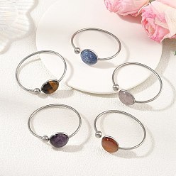 Mixed Stone 304 Stainless Steel Cuff Bangles for Women, with Flat Round Natural Mixed Gemstone, Stainless Steel Color, Inner Diameter: 1.87x2.13 inch(4.75x5.4cm)