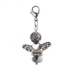 Map Stone Natural Map Stone/Picasso Stone/Picasso Jasper Pendants, Sesame Jasper/Kiwi Jasper, with 304 Stainless Steel Lobster Claw Clasps, Iron Finding and Alloy Finding, Wing, Antique Silver & Platinum, 43mm