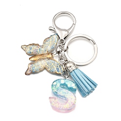 Letter S 26шт. брелок с кисточкой из прозрачной эпоксидной смолы, прозрачного акрила и искусственной замши, с кольцами для ключей из сплава, с цепочками и застежками-лобстерами, бабочка, Письмо с, 95~108 мм