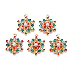 Light Gold Стойки подвески обшивки сплава, с искусственным жемчугом из абс-пластика и разноцветными стразами, без кадмия, без никеля и без свинца, рождественские снежинки, золотой свет, 24.5x19x5.5 мм, отверстие : 1.8 мм