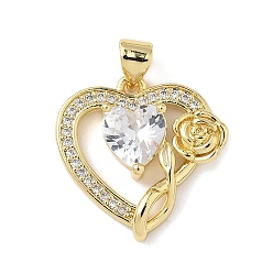 Прозрачный Латунные микро проложить кубического циркония подвески, Сердце со цветками , без свинца и без кадмия, долговечный, реальный 18 k позолоченный, стойки покрытие, прозрачные, 19x19.5x4.5 мм, отверстие : 3.8x3.5 мм