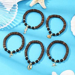 Кокосово-Коричневый 5шт. в океанской тематике 304 браслеты с подвесками из нержавеющей стали, Браслеты из натуральных бусин кокоса и лавы для мужчин и женщин, кокосового коричневый, внутренний диаметр: 2 дюйм (5 см), 5 шт / комплект