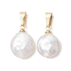 Золотой Натуральный жемчуг барокко подвески с жемчугом кеши, плоские круглые подвески с защелкивающимися креплениями из нержавеющей стали, старинный белый, золотые, 304 мм, отверстие : 15.5~16x11x5 мм