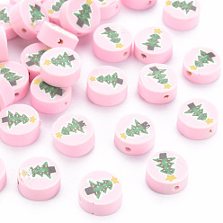 Pink Handmade Polymer Clay Beads, Flat Round with Christmas Tree, Pink, 10x4mm, Hole: 1.6mm