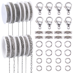 Stainless Steel Color 32M 12 Styles 304 Stainless Steel Cable Chains, Unwelded, Flat Oval, with 200Pcs Jump Ring, 30Pcs Lobster Claw Clasps, 10Pcs Ball Chain Connectors and 12Pcs Empty Spools, Stainless Steel Color, 2x1.5x0.4mm