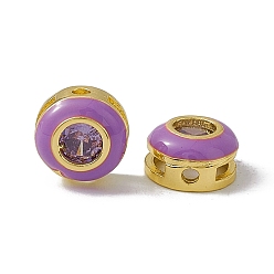 Темная Орхидея Стойки обшивки латунь кубического циркония бусы, с эмалью, реальный 18 k позолоченный, долговечный, без кадмия, без никеля и без свинца, плоско-круглые, темные орхидеи, 8x4.5 мм, Отверстие : 1.2 мм & 5.5x1.2 мм