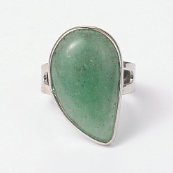 Зеленый Авантюрин Регулируемые кольца из натурального зеленого авантюрина и платины из латуни, слеза, внутренний диаметр: 19 мм
