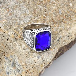 Синий 304 мужские перстни из нержавеющей стали с кубическим цирконием, античное серебро, прямоугольные, синие, размер США 10 (19.8 мм)