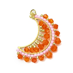 Оранжевый Подвески в виде луны из стеклянных бус, со стеклом и выводами 201 из нержавеющей стали, оранжевые, 33x30.5x4.5 мм, отверстие : 3.5 мм