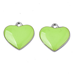 Зелено-Желтый 201 из нержавеющей стали шармы эмали, сердце, цвет нержавеющей стали, зеленый желтый, 13x13x2 мм, отверстие : 1.5 мм
