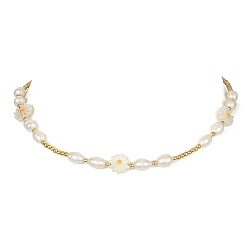 Golden Shell Pearl Flower & Alloy Round Beaded Necklace, Golden, 16.30 inch(41.4cm)
