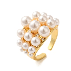 Настоящее золото 18K Открытые манжеты из латуни с микропаве и прозрачным фианитом, с искусственным жемчугом абс для женщин, реальный 18 k позолоченный, 18 мм, внутренний диаметр: 17.8 мм