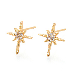 Настоящее золото 18K Латунные серьги-гвоздики из циркония, звезда, без никеля , долговечный, реальный 18 k позолоченный, 13.5x11.5 мм, отверстие : 1 мм, штифты : 0.7 мм