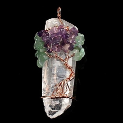 Rose Gold Natural Quartz Crystal & Green Aventurine & Amethyst Pendants, Tree of Life, Rose Gold, 50~60x10~15mm