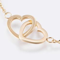Golden 304 Stainless Steel Link Bracelets, with Lobster Claw Clasps, Heart with Heart, Golden, 6-1/2 inch(165mm)
