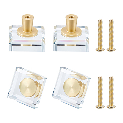 Clear 4 Sets Square Glass Drawer Knobs, with Brass Fittings and Iron Screw, for Home, Cabinet, Cupboard and Dresser, Clear, 29x29x26.8mm, Hole: 3.5mm