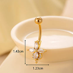 Цветок 316l хирургическая нержавеющая сталь прозрачный кубический цирконий изогнутые штанги живот кольца, золотые, цветок, 14.3x12.3 мм