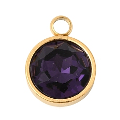 Темно-Фиолетовый Тематика камней по знаку зодиака февраль 304 подвески из нержавеющей стали, плоский круглый шарм, с k 9 стеклом, полировка, ионное покрытие (ip), граненые, темно-фиолетовый, 16x12x7 мм, отверстие : 2.7 мм