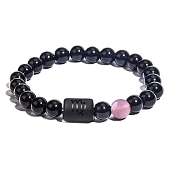 Virgo Natural Black Agate(Dyed & Heated) Stretch Bracelets, Constellations Theme Bracelet, Virgo, Inner Diameter: 2-3/8 inch(6cm)