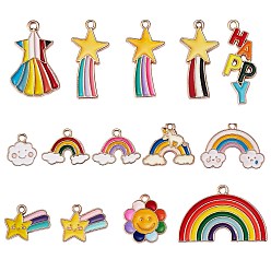 Mixed Color 26Pcs 13 Style Alloy Enamel Pendants, Light Gold, Mixed Shapes, Mixed Color, 13~29x11.2~32.5x1~2mm, Hole: 1.4~2mm,  2pcs/style