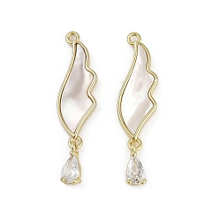 Настоящее золото 18K Подвески из латуни из натуральных ракушек, подвески в виде крыльев с прозрачным кубическим цирконием в форме капли, реальный 18 k позолоченный, 28x7x2 мм, отверстие : 1.2 мм