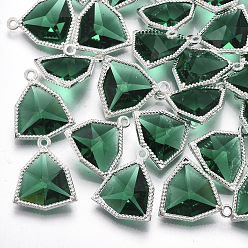 чирок Стеклянные подвески, с фурнитурой Berzel с открытой спиной из экологически чистого сплава, граненые, треугольные, серебряный цвет гальваническим, зелено-синие, 17x14.5x7 мм, отверстие : 1.2 мм