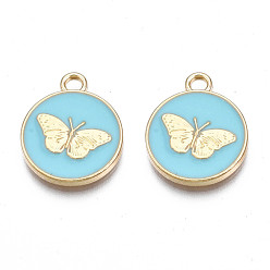Небесно-голубой Подвески из эмали и сплава, без кадмия, без никеля и без свинца, золотой свет, плоские круглые с бабочкой, голубой, 18x15x2 мм, отверстие : 2 мм