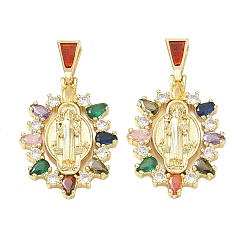 Colorful Religion Brass Pave Cubic Zirconia Pendants, with Enamel, Oval with Saint Benedict Charms, Lead Free & Cadmium Free, Long-Lasting Plated, Rack Plating, Real 18K Gold Plated, Colorful, 36mm, Pendant: 29x20x4mm, Hole: 5.5x3mm