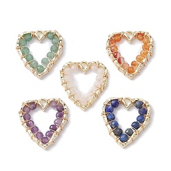 Heart Natural Mixed Gemstone Faceted Round Pendants, Eco-Friendly Golden Plated Copper Wire Wrapped Charms, Mixed Dyed and Undyed, Heart, 23x21x3mm, Hole: 1.6mm