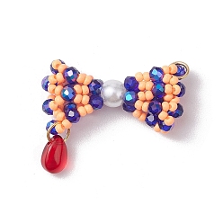 Разноцветный Подвески-бантики из стеклянных бус, с 304 кольцами из нержавеющей стали и каплевидными, красочный, 25.5x28.5x8 мм, отверстие : 3 мм