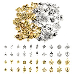 Античный Серебрянный & Античный Золотой 2сумки 2цветные подвески из сплава в тибетском стиле, подсолнечник, роза, комплект подвесок из серии «лотос и цветок», старинное серебро и античный золотой, 12~23x8~19x1~5 мм, отверстие : 1.1~3 мм, 1 сумка / цвет