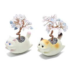 Морганит Украшения из натуральной морганитовой крошки в виде дерева жизни с кошачьими украшениями, с керамической основой разных цветов и медной проволокой, фен-шуй энергетический камень подарок для домашнего офиса украшение рабочего стола, 69~70x43.9x90~97 мм