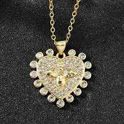 Настоящее золото 18K Женские ожерелья с подвеской в виде пчелы в форме сердца из латуни с микропаве из прозрачного кубического циркония, реальный 18 k позолоченный, 17.68 дюйм (44.9 см)