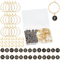 Черный Наборы для самостоятельного изготовления колец с заглавными буквами a~z из латуни и эмали для бокалов с вином, чёрные, 14x12x2 мм, отверстие : 1.5 мм