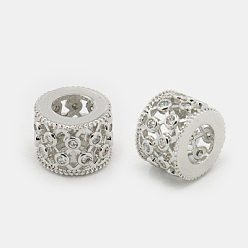 Platinum Brass Cubic Zirconia Beads, Column, Platinum, 11x8mm, Hole: 6mm