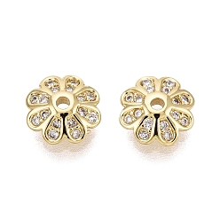 Настоящее золото 18K Колпачки для бусин из прозрачного кубического циркония из латуни, цветок, реальный 18 k позолоченный, 8x2.5 мм, отверстие : 1.2 мм