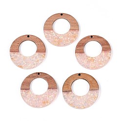 Розовый Подвески из непрозрачной смолы и орехового дерева, плоские круглые прелести, с блестящей пудрой и золотой фольгой, туманная роза, 38x3~3.5 мм, отверстие : 2 мм