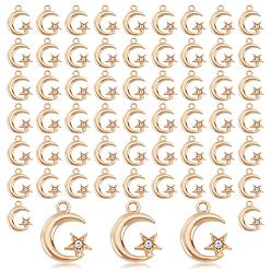 Light Gold 100Pcs Alloy Crystal Rhinestone Pendant, Moon with Star, Light Gold, 16.5x13x2.5mm, Hole: 2mm