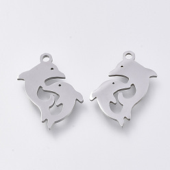 Stainless Steel Color Tarnish Resistant 201 Stainless Steel Pendants, Laser Cut Pendants, Dolphin, Stainless Steel Color, 17x15x1mm, Hole: 1.2mm