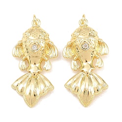 Plaqué 18K Or Véritable Pendentifs en laiton zircon cubique transparent, sans cadmium et sans plomb, plaqué longue durée, crémaillère plaquage, charmes de poissons, réel 18 k plaqué or, 37x19x9mm, Trou: 3mm
