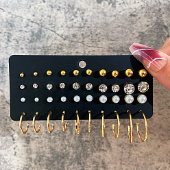 Золотой Комплекты сережек из сплава и пластика с жемчугом и стразами, золотые, 6~70 мм, 6 пар / набор